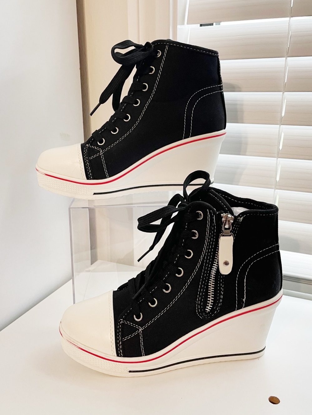 Black & White Wedge Lace-Up High-Top Sneakers